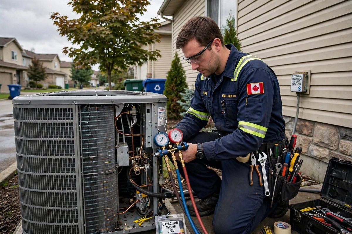 HVAC technician servicing an air conditioner