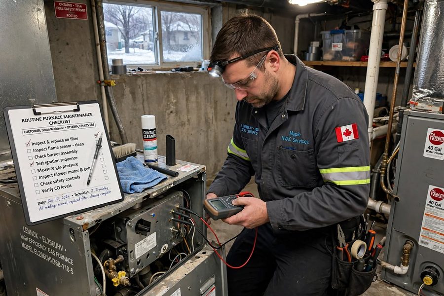 Technician performing furnace maintenance